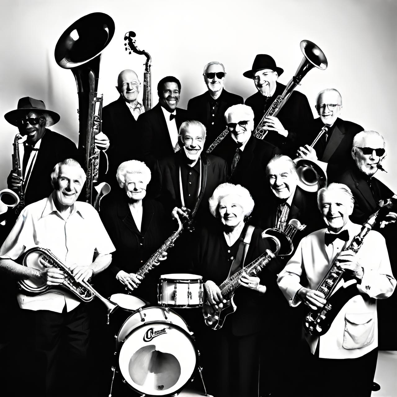 Black and white AI image of the Wilmslow Funk Collective